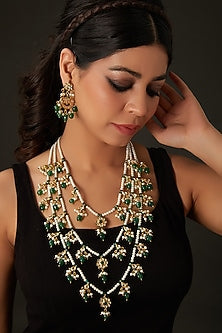 Gold Finish Kundan Polki & Green Beaded Long Layered Necklace Set