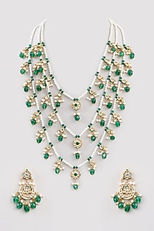 Gold Finish Kundan Polki & Green Beaded Long Layered Necklace Set