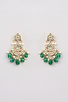Gold Finish Kundan Polki & Green Beaded Long Layered Necklace Set