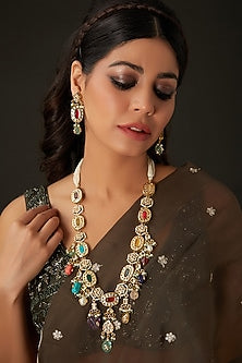 Gold Finish Kundan Polki & Multi-Colored Beaded Long Necklace