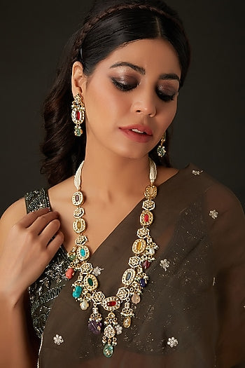 Gold Finish Kundan Polki & Multi-Colored Beaded Long Necklace