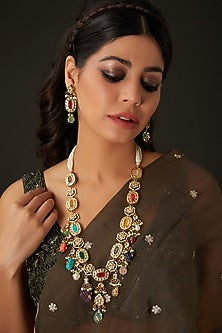 Gold Finish Kundan Polki & Multi-Colored Beaded Long Necklace