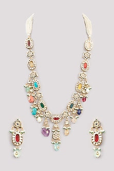 Gold Finish Kundan Polki & Multi-Colored Beaded Long Necklace