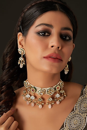 Gold Finish Multi-Colored Kundan Polki Choker Necklace Set