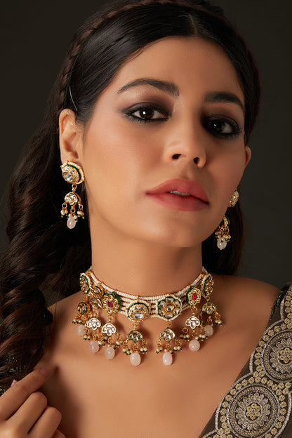 Gold Finish Multi-Colored Kundan Polki Choker Necklace Set
