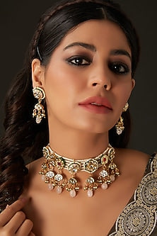 Gold Finish Multi-Colored Kundan Polki Choker Necklace Set