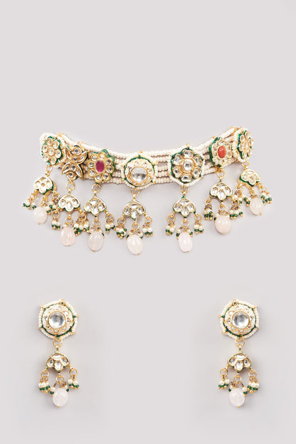 Gold Finish Multi-Colored Kundan Polki Choker Necklace Set