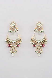Gold Finish Kundan Polki & Pink Fluorite Beaded Chandbali Earrings