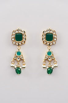 Gold Finish Green Kundan Polki Dangler Earrings