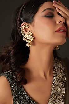 Gold Finish Pachi Kundan Polki Chandbali Earrings