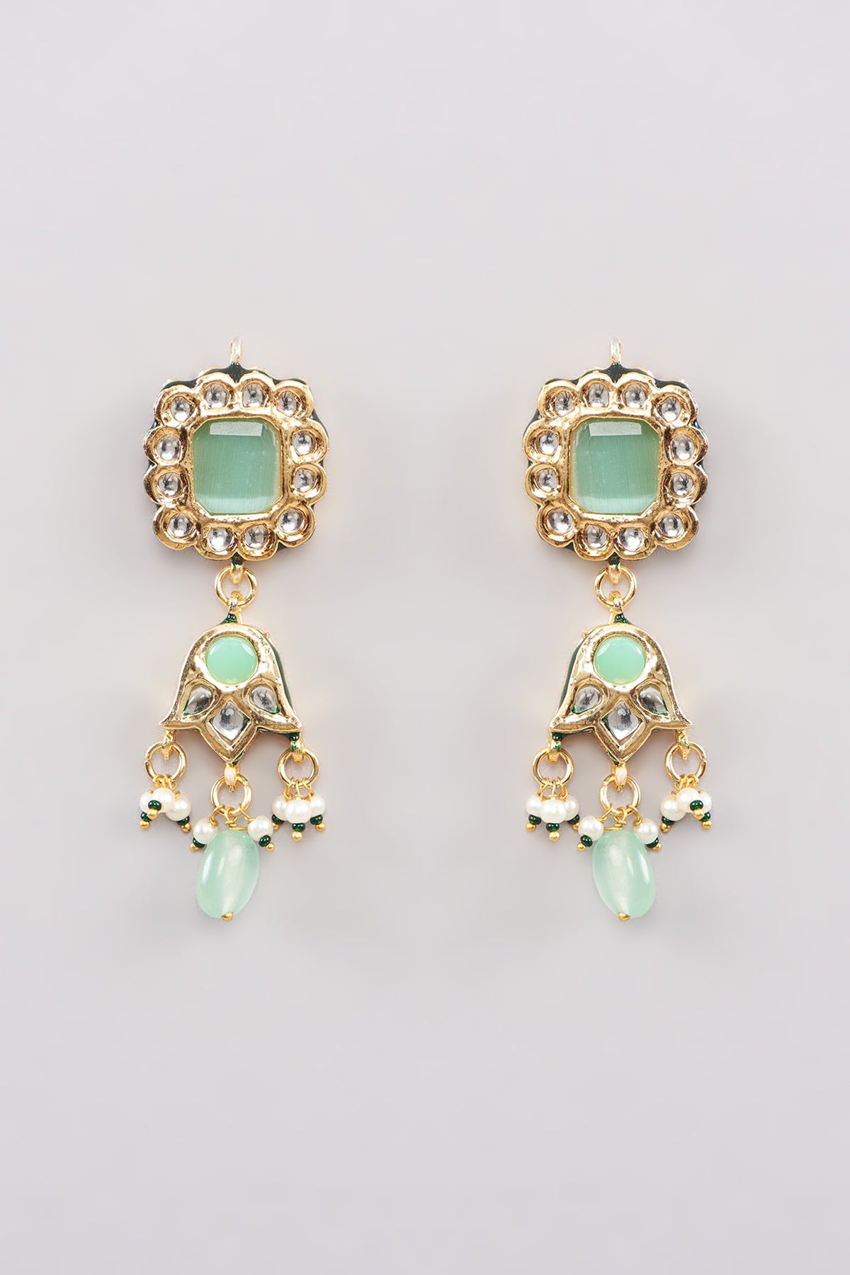 Gold Finish Green Kundan Polki Dangler Earrings