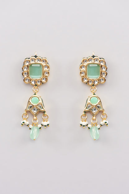 Gold Finish Green Kundan Polki Dangler Earrings