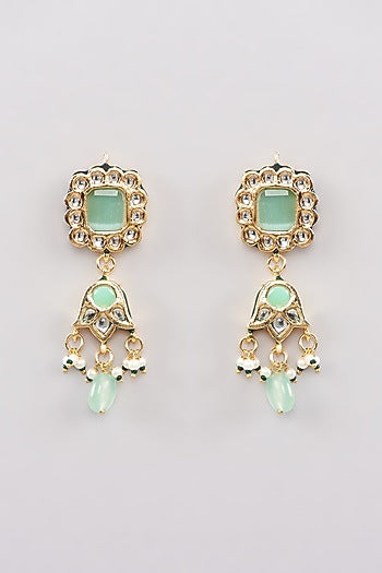 Gold Finish Green Kundan Polki Dangler Earrings