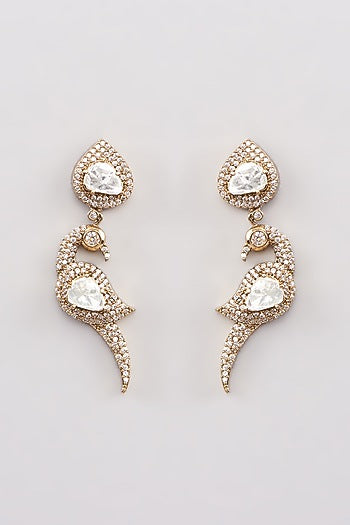 Gold Finish White Kundan Polki Dangler Earrings