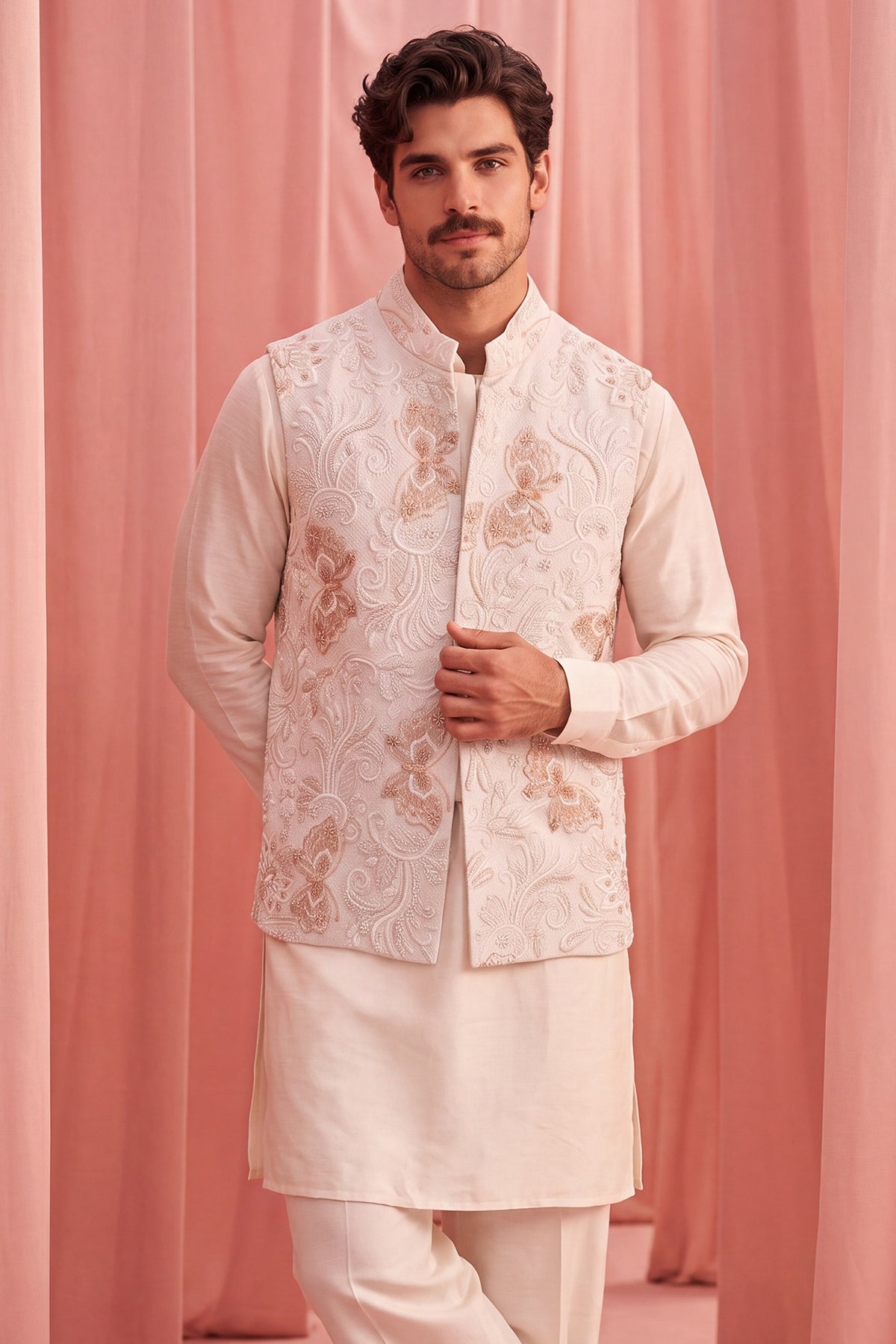 Cream Herringbone Fabric Hand Embroidered Bundi Jacket Set