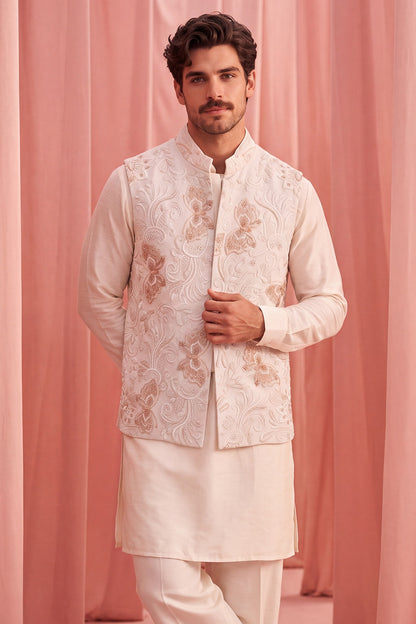 Cream Herringbone Fabric Hand Embroidered Bundi Jacket Set