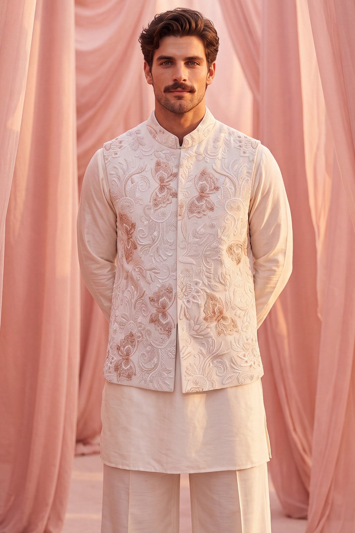 Cream Herringbone Fabric Hand Embroidered Bundi Jacket Set