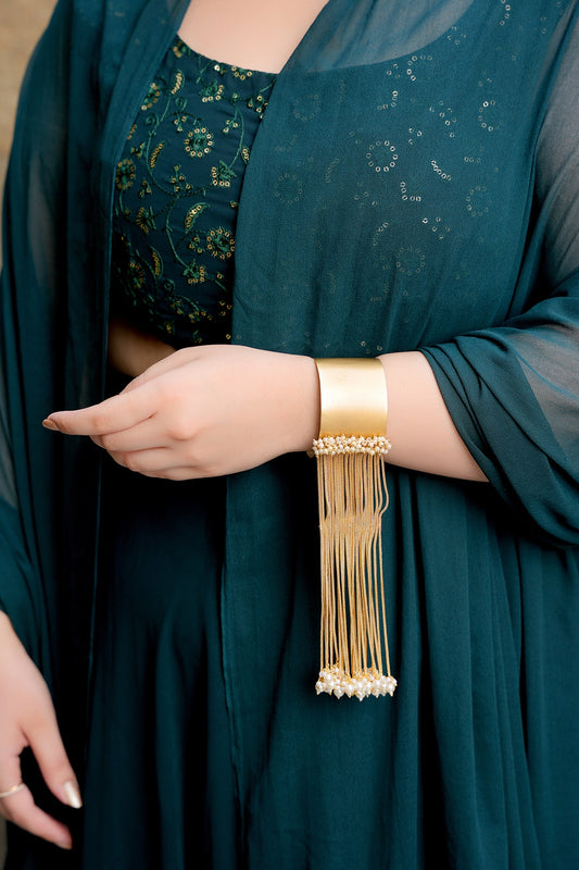Gold Plated Kundan Polki & Pearl Cuff