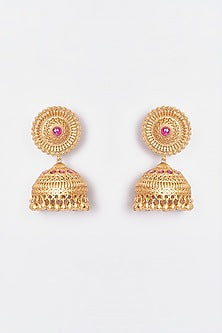 Gold Plated Red Stone & Pearl Drop Jhumka Earrings