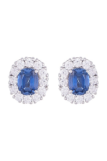 White Finish 925 Sterling Silver Swarovski Zircon & Blue Stone Stud Earrings