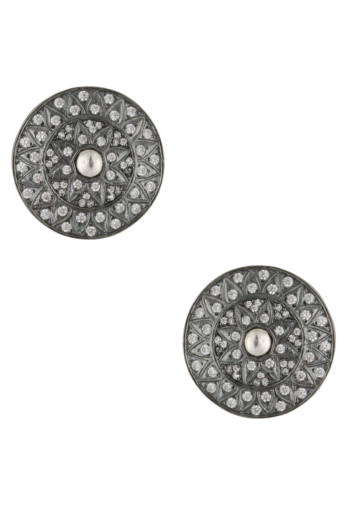 Antique Silver Glossy Finish Zircons Round Stud Earrings