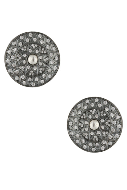 Antique Silver Glossy Finish Zircons Round Stud Earrings