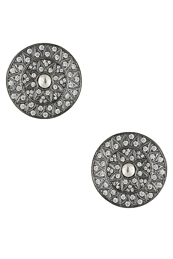 Antique Silver Glossy Finish Zircons Round Stud Earrings