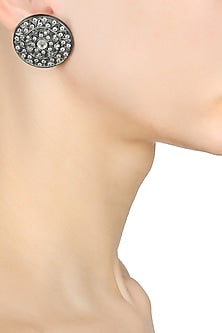 Antique Silver Glossy Finish Zircons Round Stud Earrings