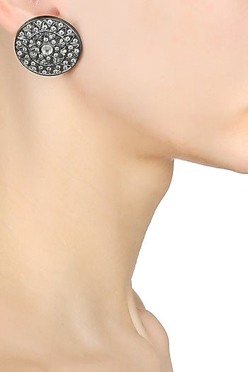 Antique Silver Glossy Finish Zircons Round Stud Earrings