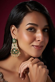 Micro Gold Finish Emerald & Pearl Dangler Earrings