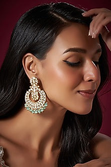 Micro Gold Finish Kundan Polki & Aqua Droplet Chandbali Earrings