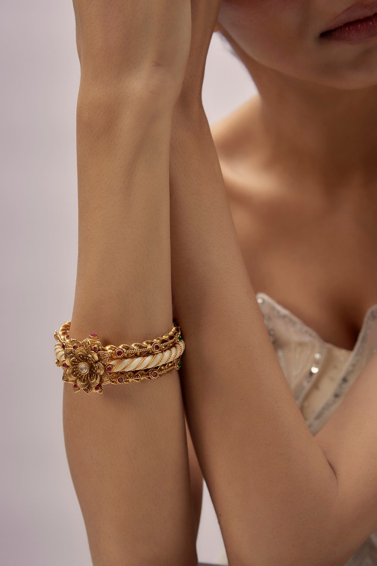 Gold Finish Ruby & Green Synthetic Stone Enameled Bracelet