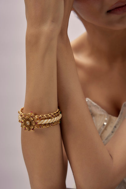 Gold Finish Ruby & Green Synthetic Stone Enameled Bracelet