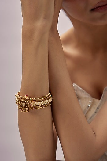 Gold Finish Ruby & Green Synthetic Stone Enameled Bracelet