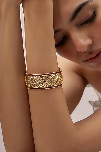 Gold Finish Ruby Stone Uncut Broad Kada