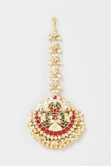 Gold Finish Red Kundan Polki Maangtikka
