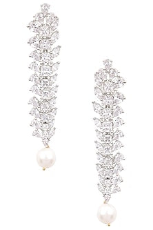 Silver Finish White Zircons and Pearl Drop Earrings
