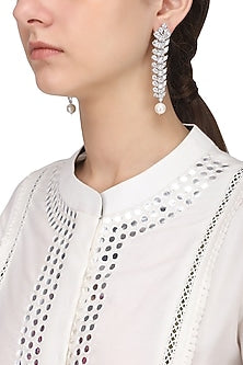 Silver Finish White Zircons and Pearl Drop Earrings