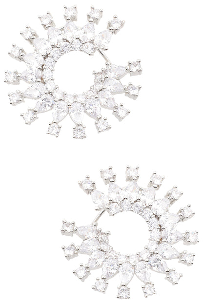 Silver Finish White Zircons Circular Hoop Earrings