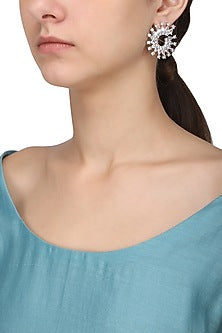 Silver Finish White Zircons Circular Hoop Earrings