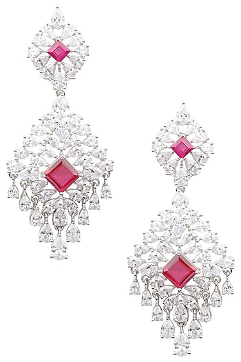 Silver Finish White and Red Zircons Earrings