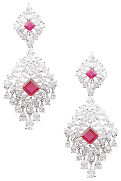 Silver Finish White and Red Zircons Earrings