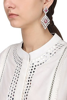 Silver Finish White and Red Zircons Earrings