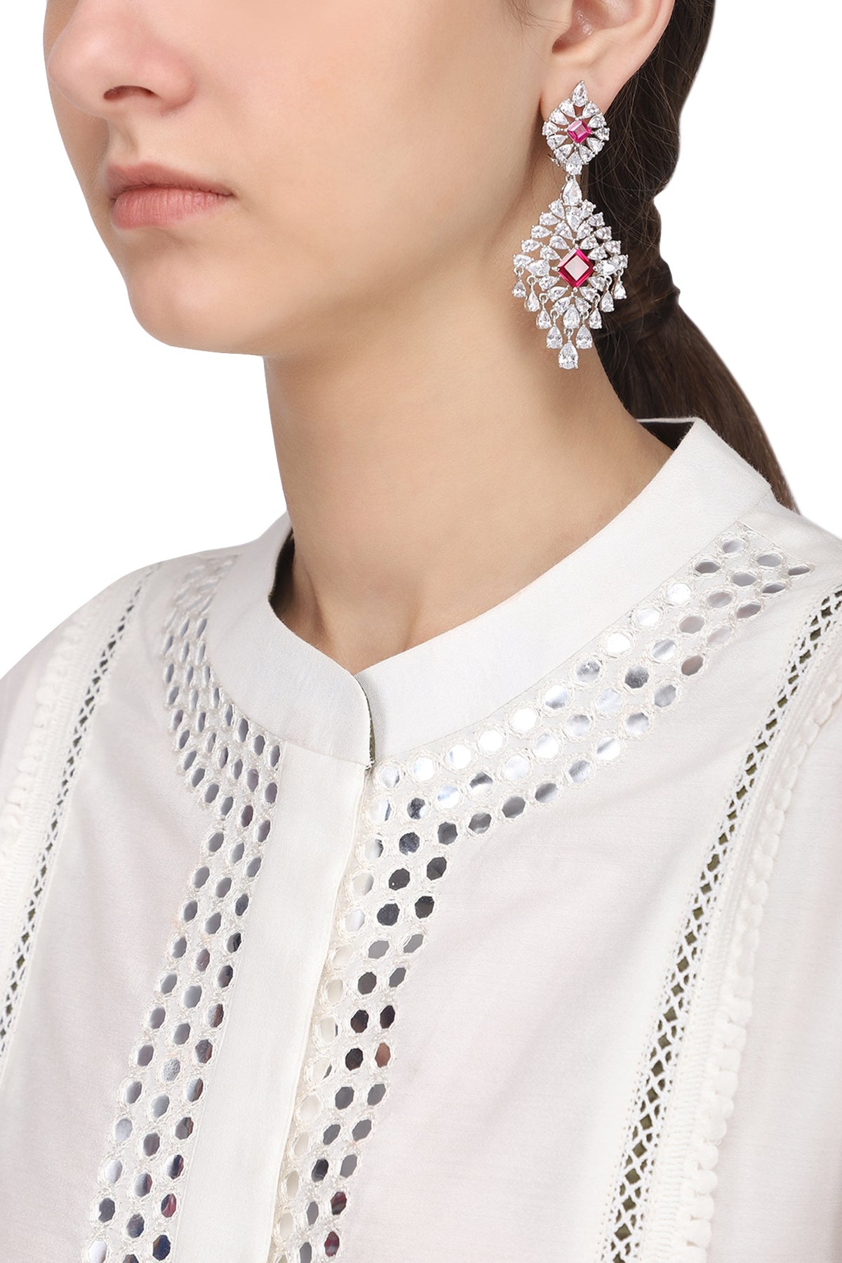 Silver Finish White and Red Zircons Earrings
