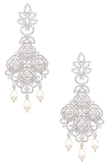 Silver Finish White Zircons and Pearl Earrings