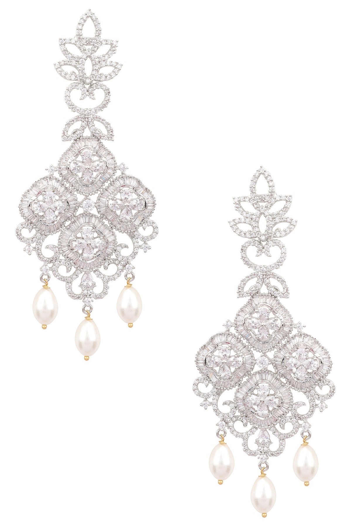 Silver Finish White Zircons and Pearl Earrings