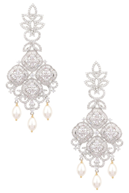 Silver Finish White Zircons and Pearl Earrings