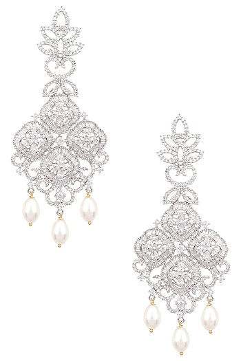 Silver Finish White Zircons and Pearl Earrings
