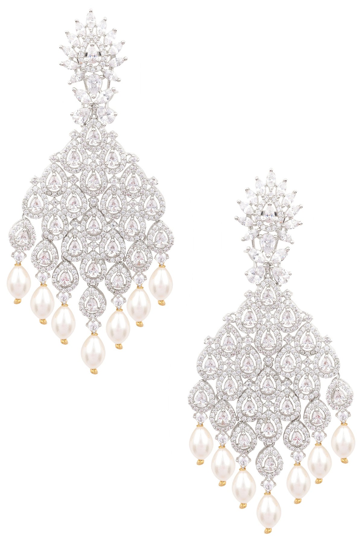 Silver Finish White Zircons and Pearl Dangler Earrings