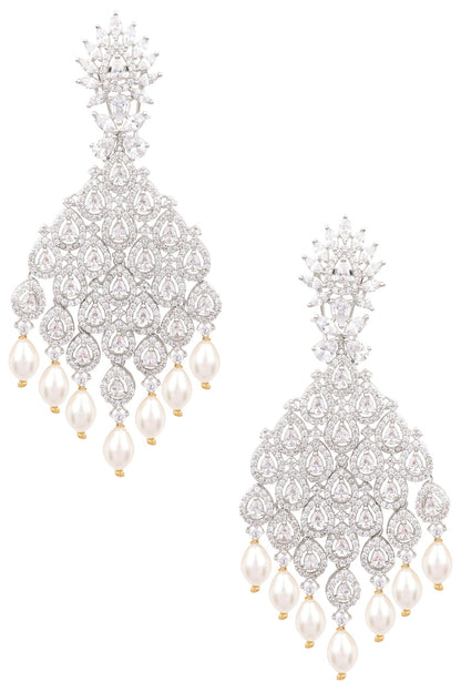 Silver Finish White Zircons and Pearl Dangler Earrings
